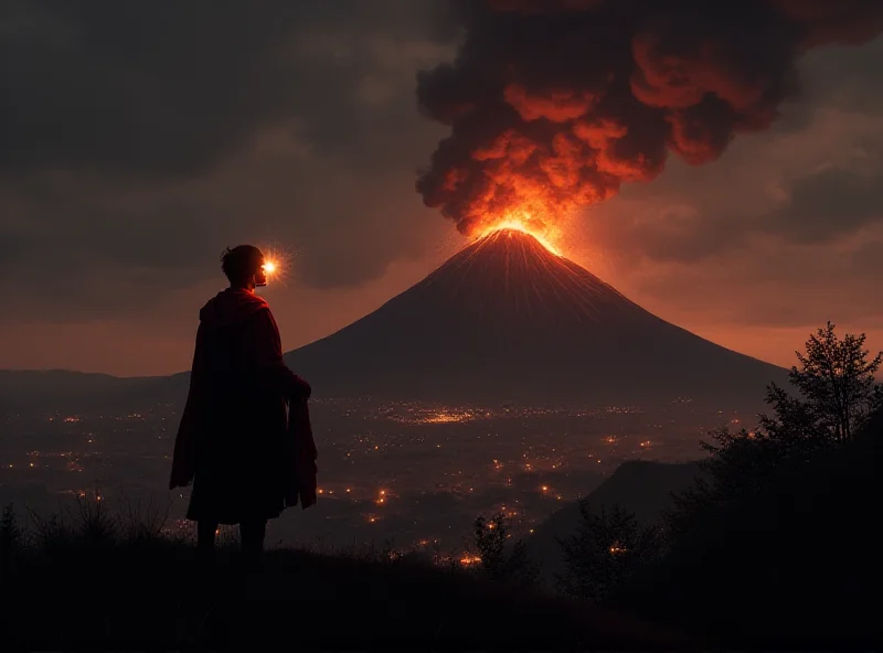Illustration of Mount Vesuvius erupting over Pompeii with a figure representing the victim.