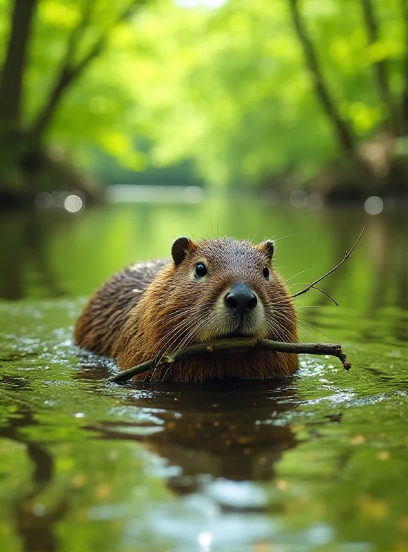 A beaver building a dam in a river.