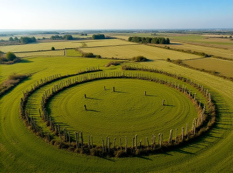 Aerial view of a timber circle with wooden posts in a field in Denmark.