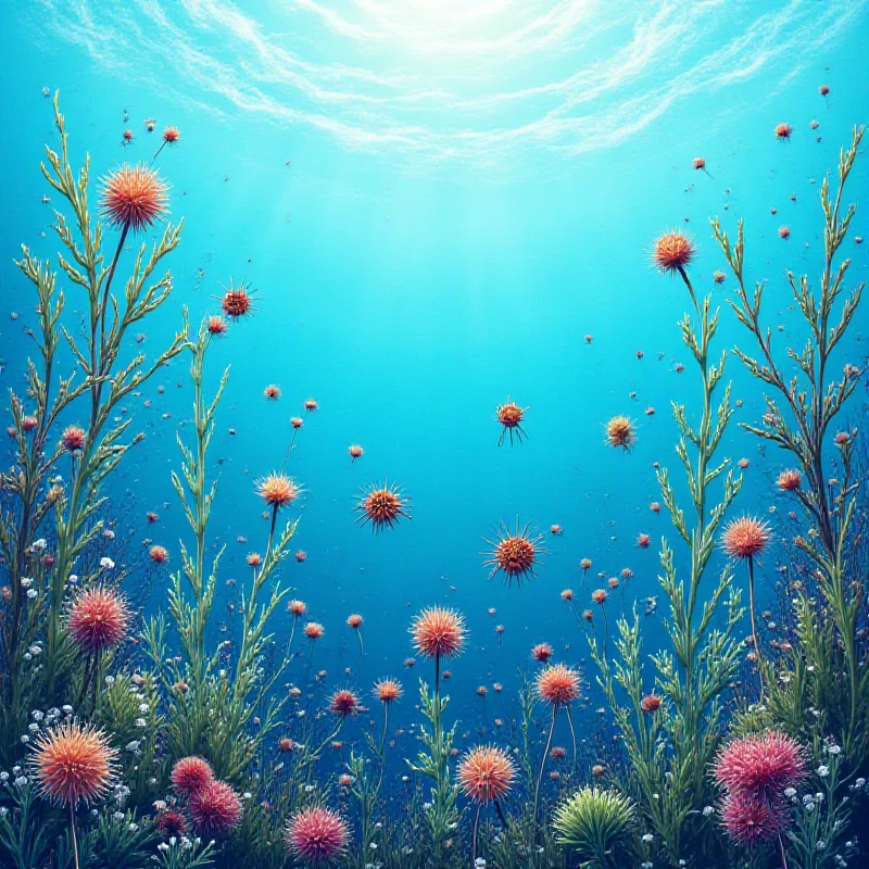 Illustration of various plankton species in the ocean