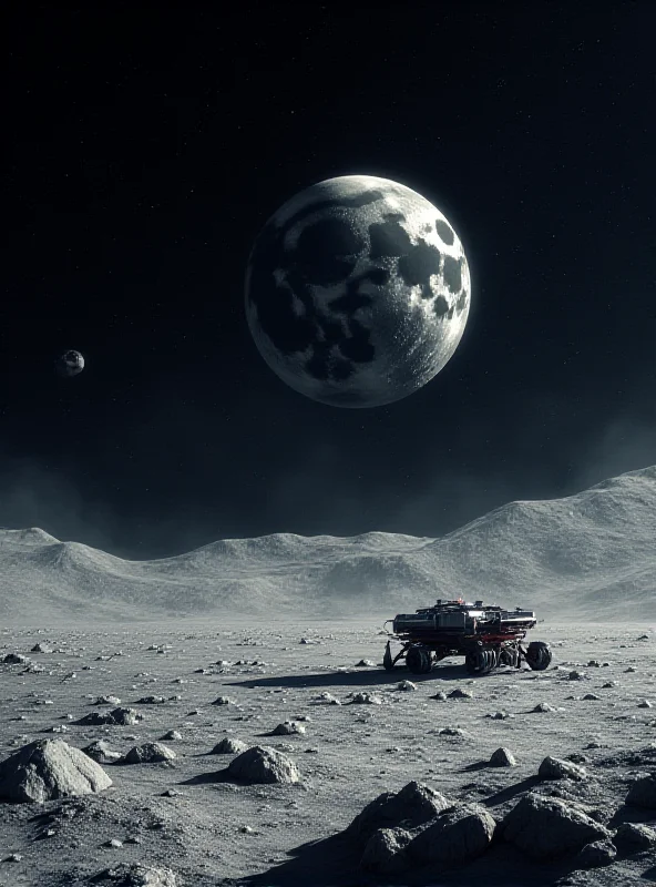 Artistic rendering of a moon lander descending towards the lunar south pole, showing craters and a barren landscape.