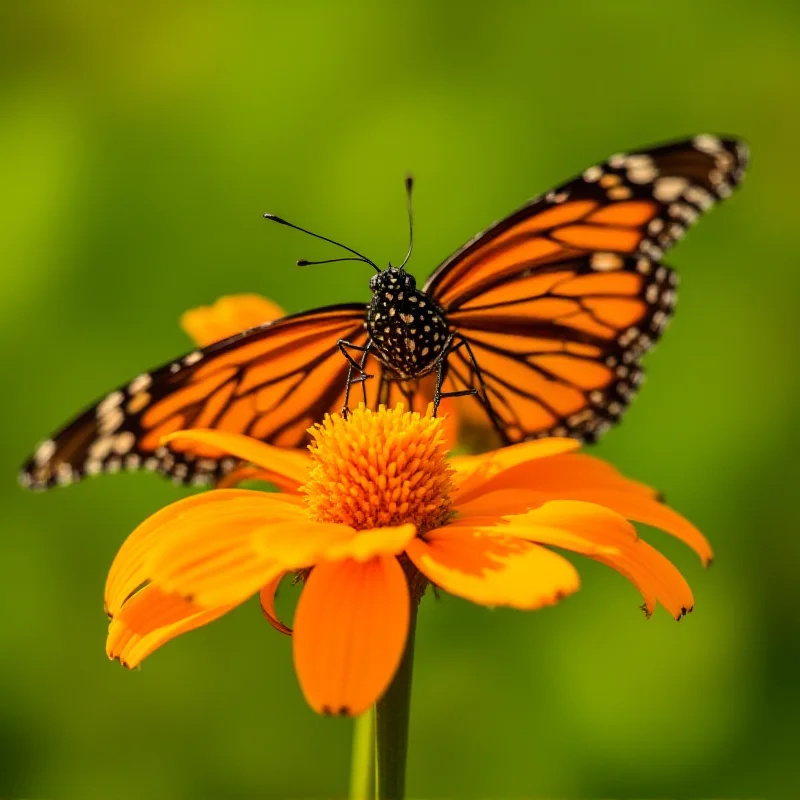A vibrant monarch butterfly perched on a bright orange flower, showcasing its intricate wing patterns.