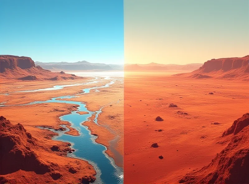 Illustration of Mars with flowing water on the surface, transitioning to a red, arid landscape.