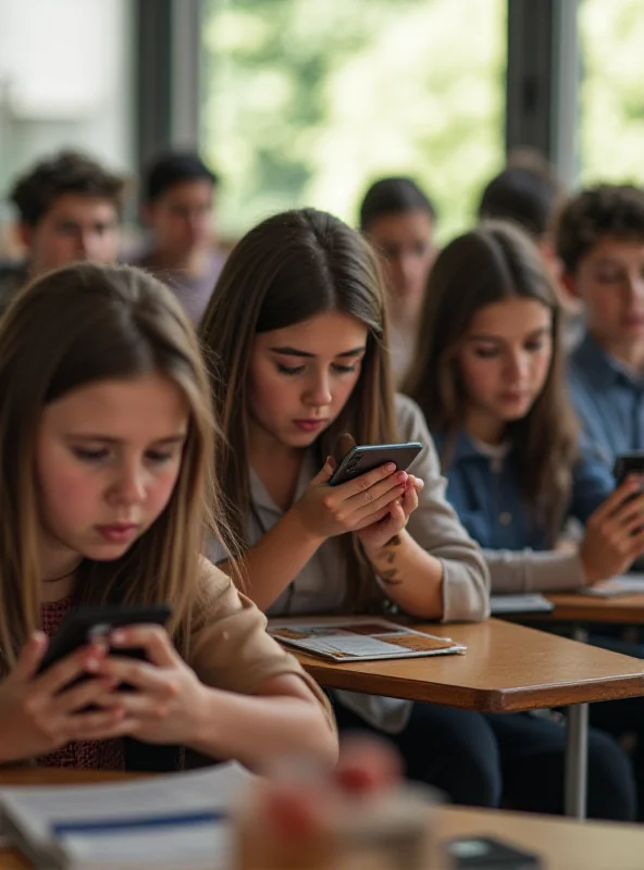 A group of Italian middle school students looking at their smartphones, with a blurred background of a classroom.