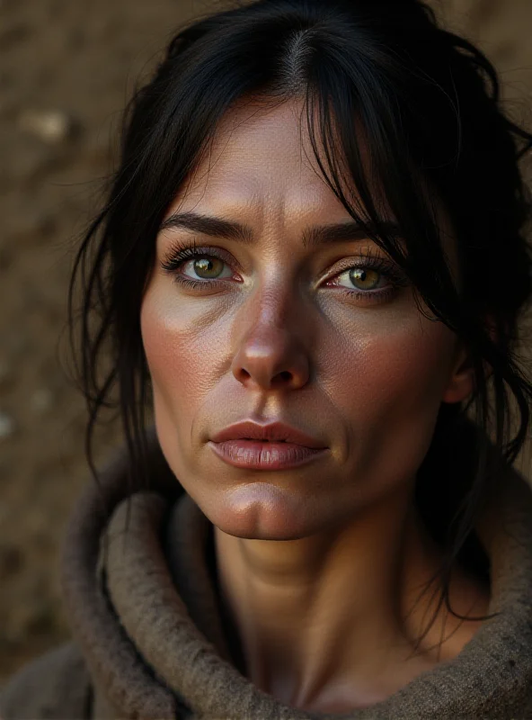 A digital reconstruction of a woman's face, with dark hair and eyes, against a background showing an archaeological dig site.