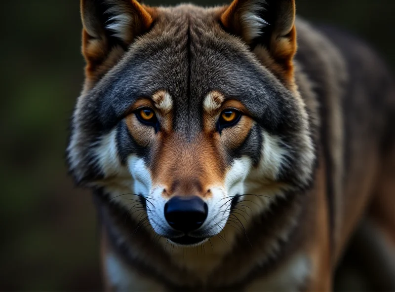 A close-up photo of an Iberian wolf, with piercing eyes and a thick, gray coat.