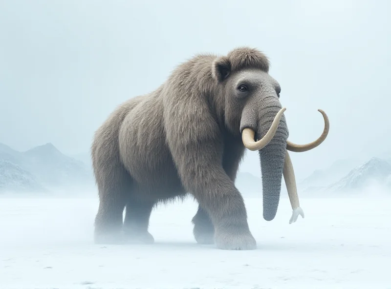 Illustration of a woolly mammoth walking through a snowy landscape.