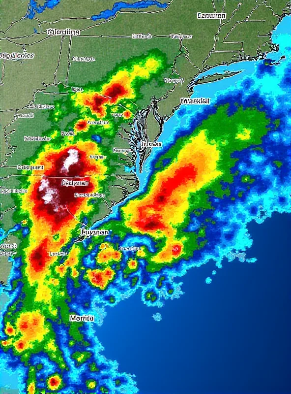 Radar image showing severe thunderstorms over the southern United States.