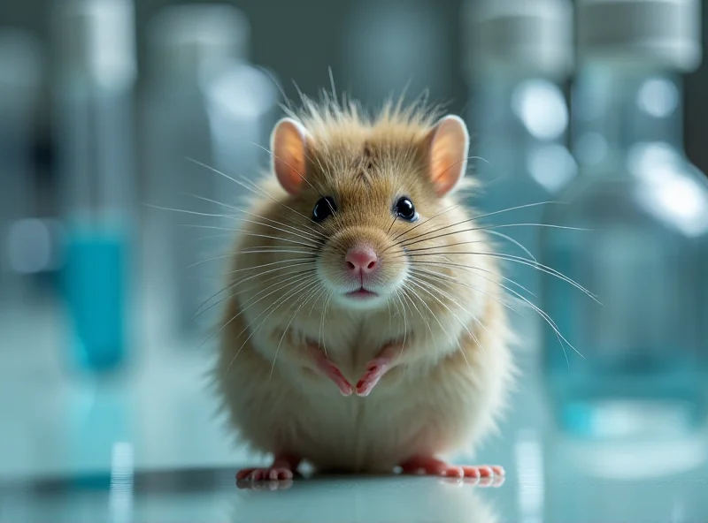A mouse with exceptionally thick, woolly hair, reminiscent of a woolly mammoth, standing on a lab bench.