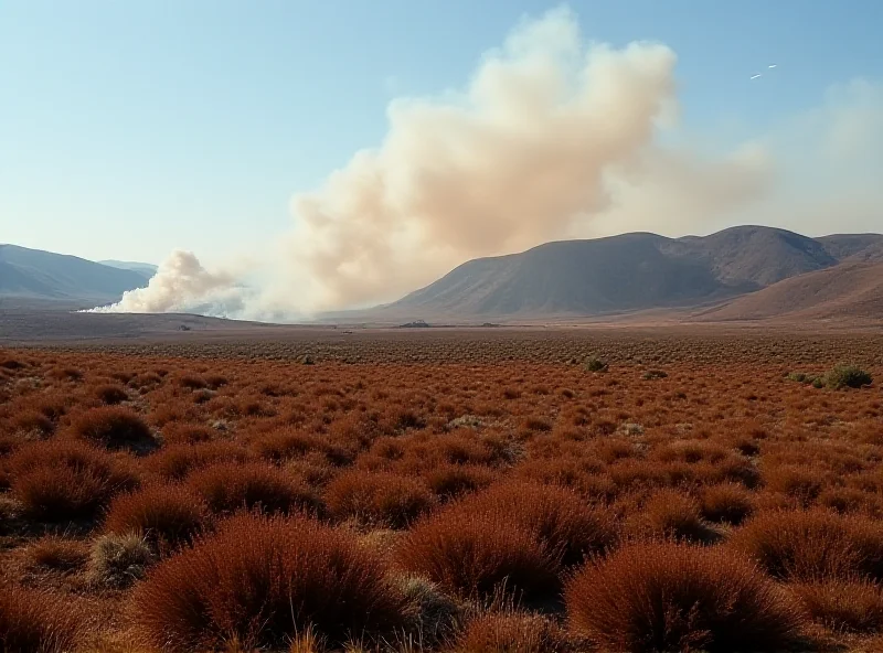 An aerial view of a Scottish landscape with dry grass and heather, with a visible fire in the distance, plumes of smoke rising. The image conveys the danger of wildfires.
