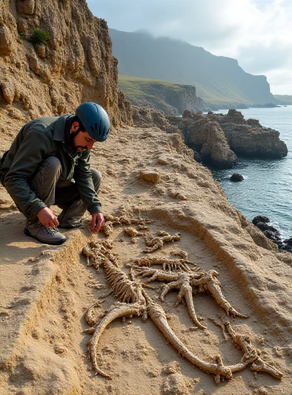 A paleontologist carefully working to extract a large dinosaur fossil embedded in a rocky cliff face on the Isle of Skye, Scotland. The surrounding landscape is rugged and coastal.