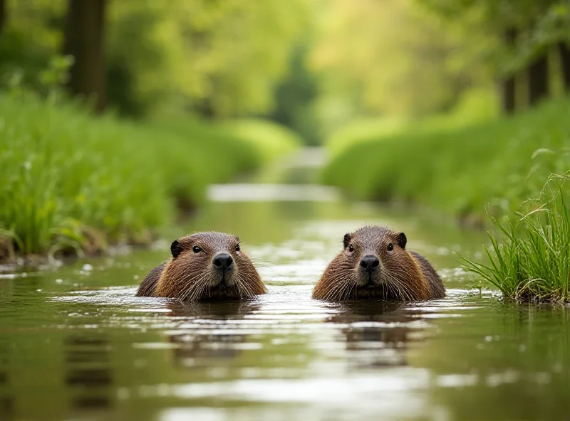 Two beavers are being released into a river in the English countryside. The beavers are brown and furry, and they are swimming away from the camera. The river is surrounded by trees and grass.