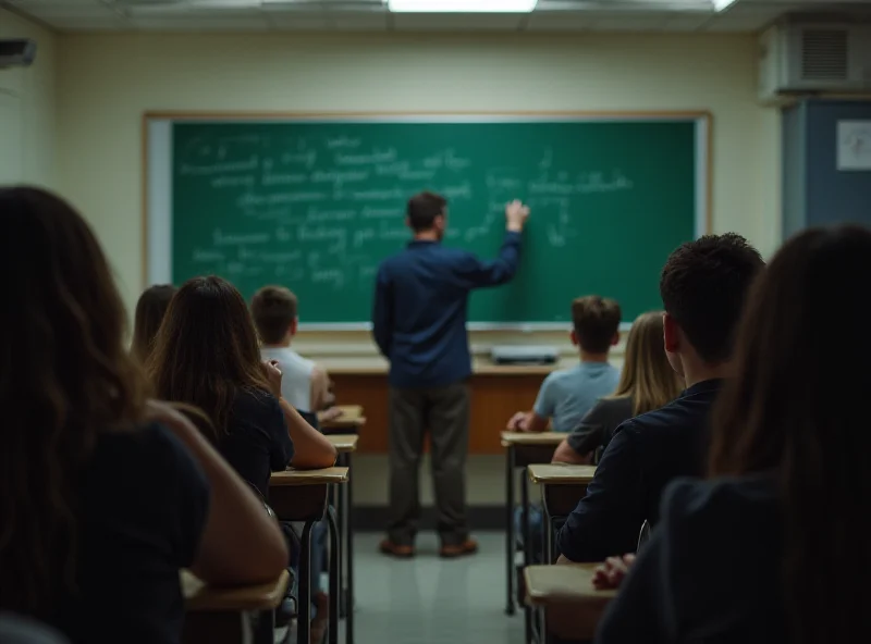 A classroom scene with teenagers looking bored and disengaged, while the teacher is writing on the board. The overall impression is one of apathy and lack of interest in education.