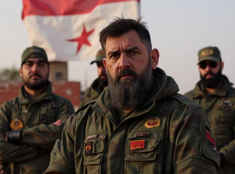 SDF commander giving a press conference in front of the Syrian flag.