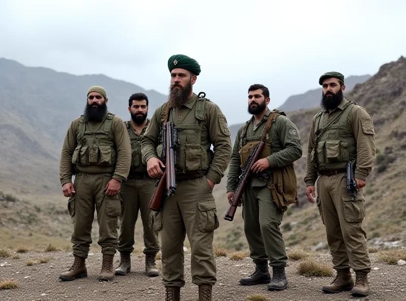A group of Kurdish fighters standing in a mountainous region.