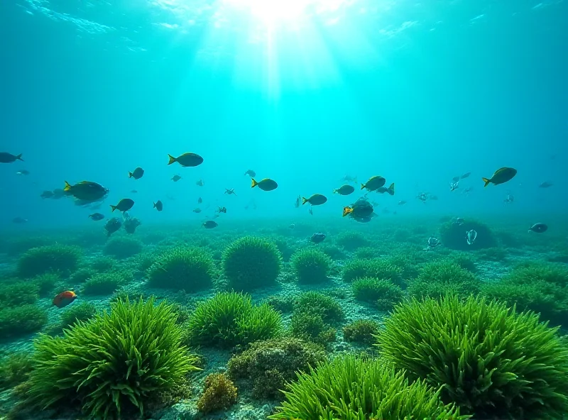 Underwater shot of a healthy seagrass bed with diverse marine life.
