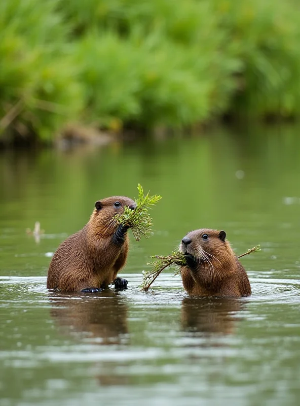 Two beavers swimming in a river, one carrying a branch.