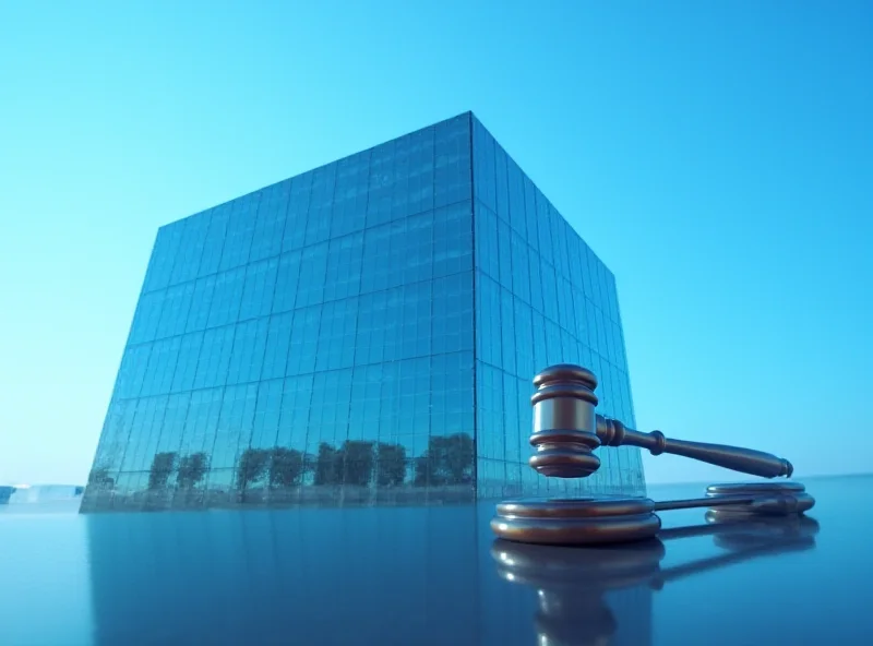 Illustration of the SEC building with a gavel in the foreground symbolizing regulatory action.