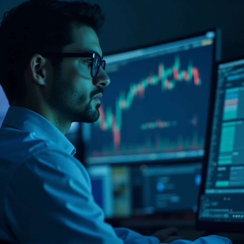 A close-up shot of a financial analyst reviewing stock market data on a computer screen.
