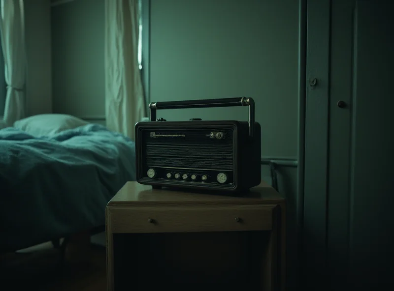 A covert camera disguised as a vintage radio sitting on a bedside table in a dimly lit care home room.