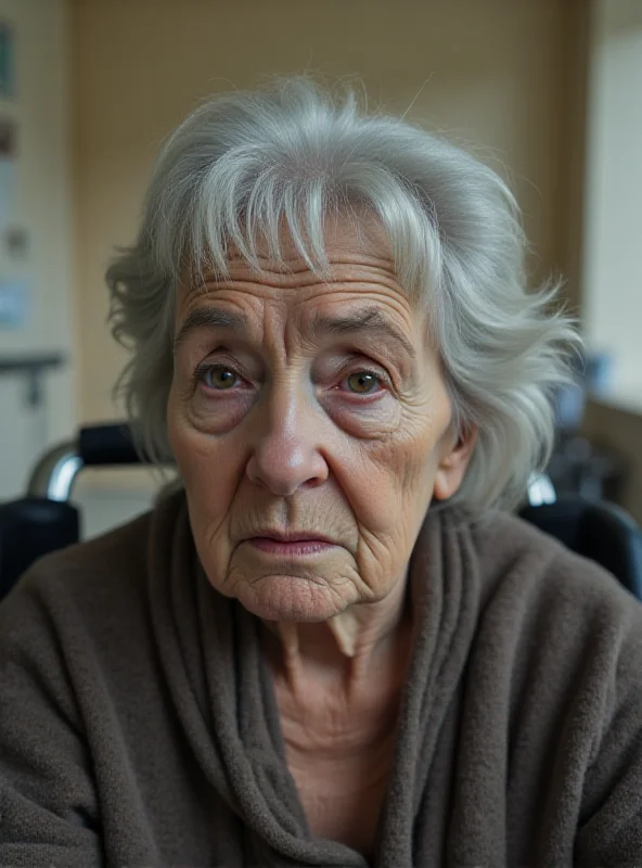 A close-up of a worried-looking elderly woman with dementia sitting in a wheelchair in a care home. Her expression is one of confusion and fear.