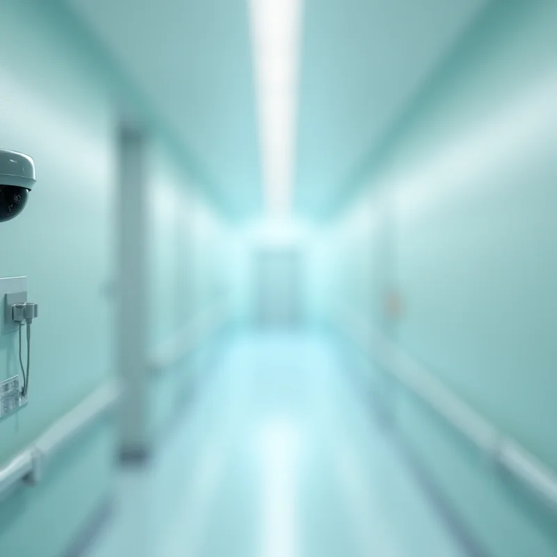 A security camera mounted on the wall in a hallway of a care home. The camera is pointed down the hallway.