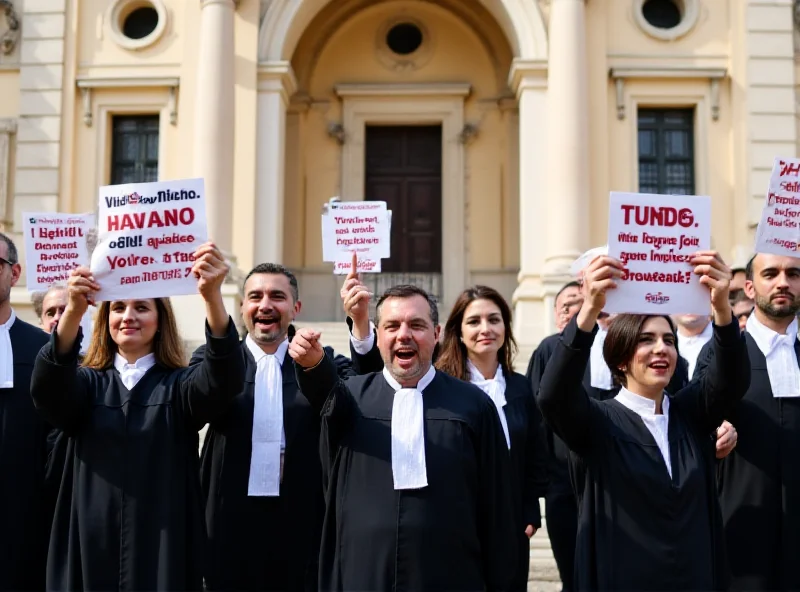 A group of Italian judges protesting in front of a courthouse, holding signs and banners.