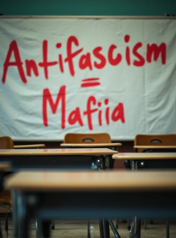 A close-up of a banner displayed in an Italian school with the text Antifascism = Mafia in bold letters.