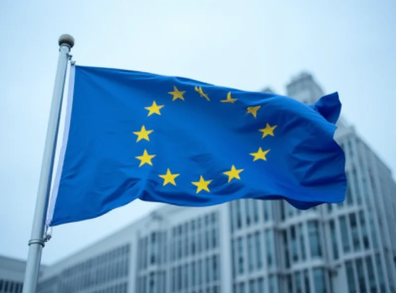 EU flag waving in front of government building in Belgrade.