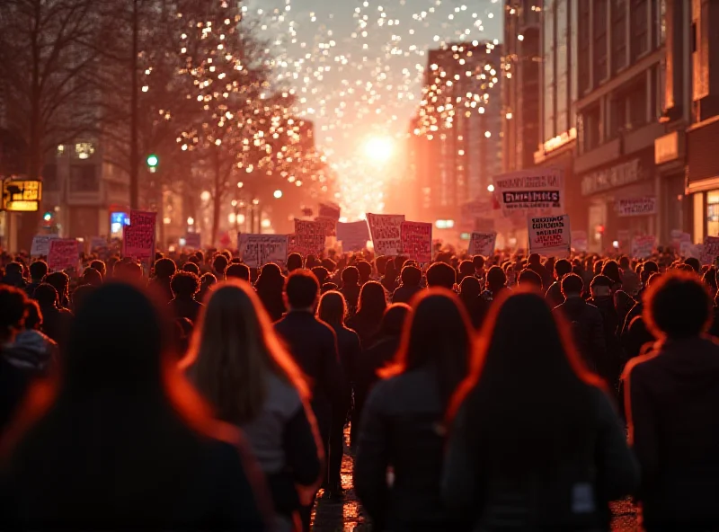 A large crowd of students marching through the streets of Niš, Serbia. They are holding signs and banners protesting corruption and injustice. Fireworks explode in the background, creating a festive yet serious atmosphere.