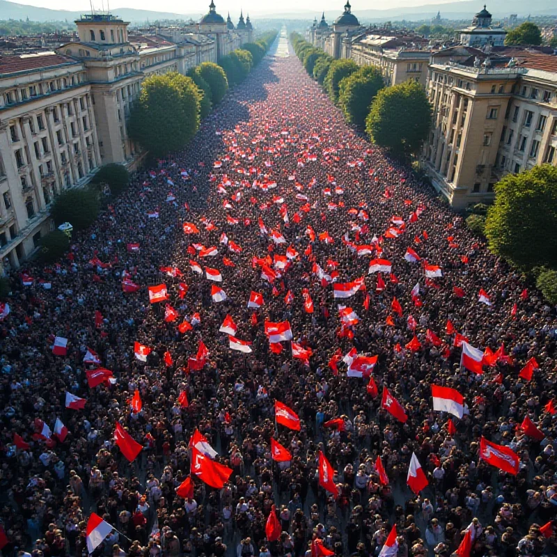 An aerial view of the student protest in Serbia, showing a massive crowd filling the main square of a city. The protesters are holding banners and flags, and the atmosphere is charged with energy and determination.