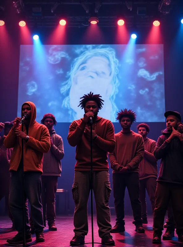 A diverse cast performing a rap song on a modern stage.