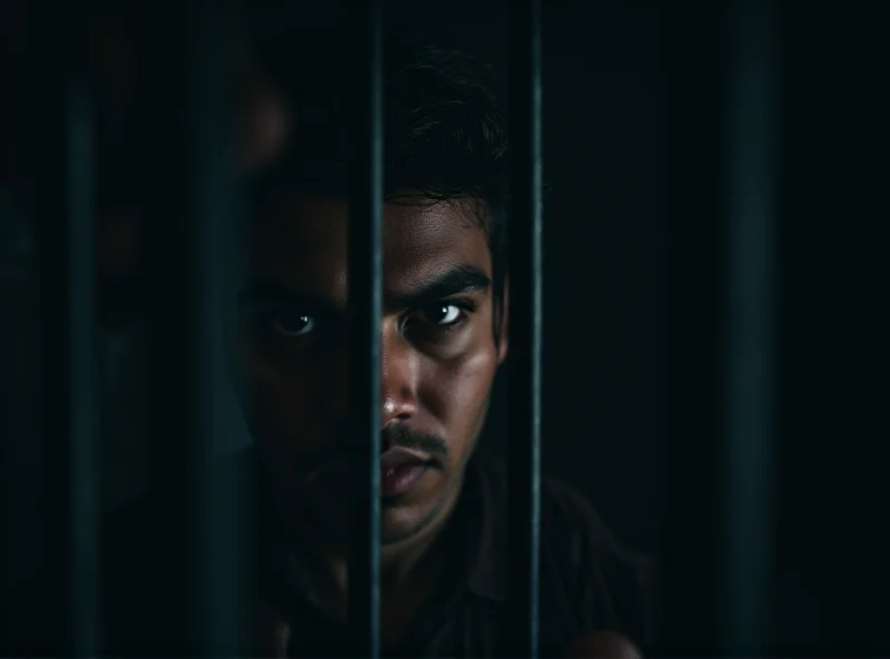 A person behind bars looking out with a sad expression.