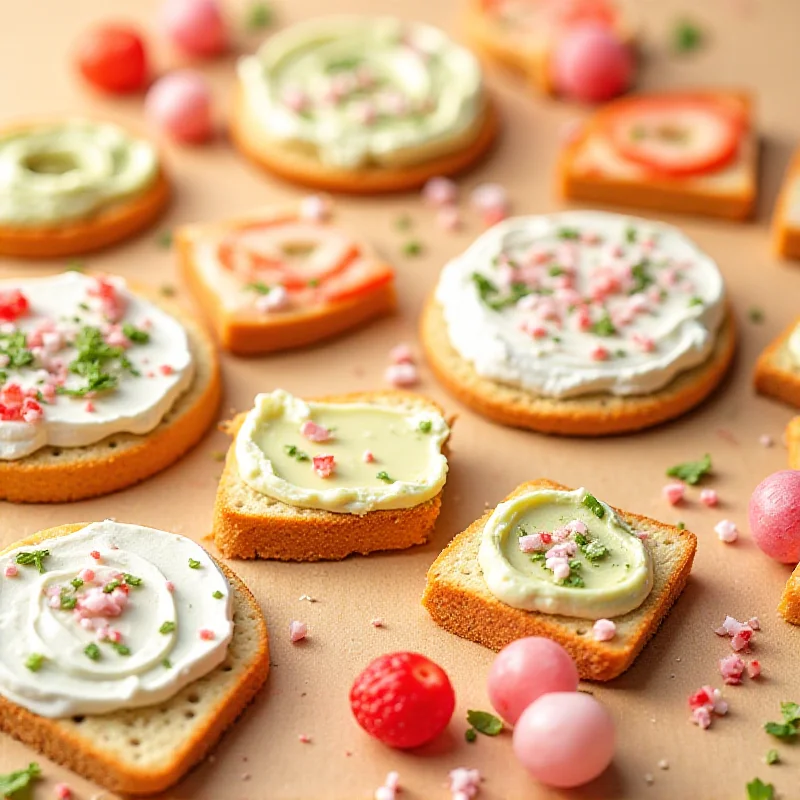 A variety of cream cheese flavors arranged artfully on bagels and crackers.