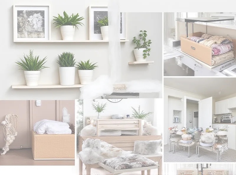 A collage of different home storage solutions, including floating shelves, storage ottomans, and organizers.
