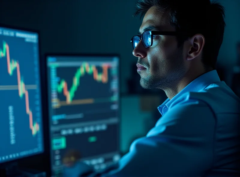 Image of a financial analyst looking at a computer screen with charts and graphs, with a concerned expression.