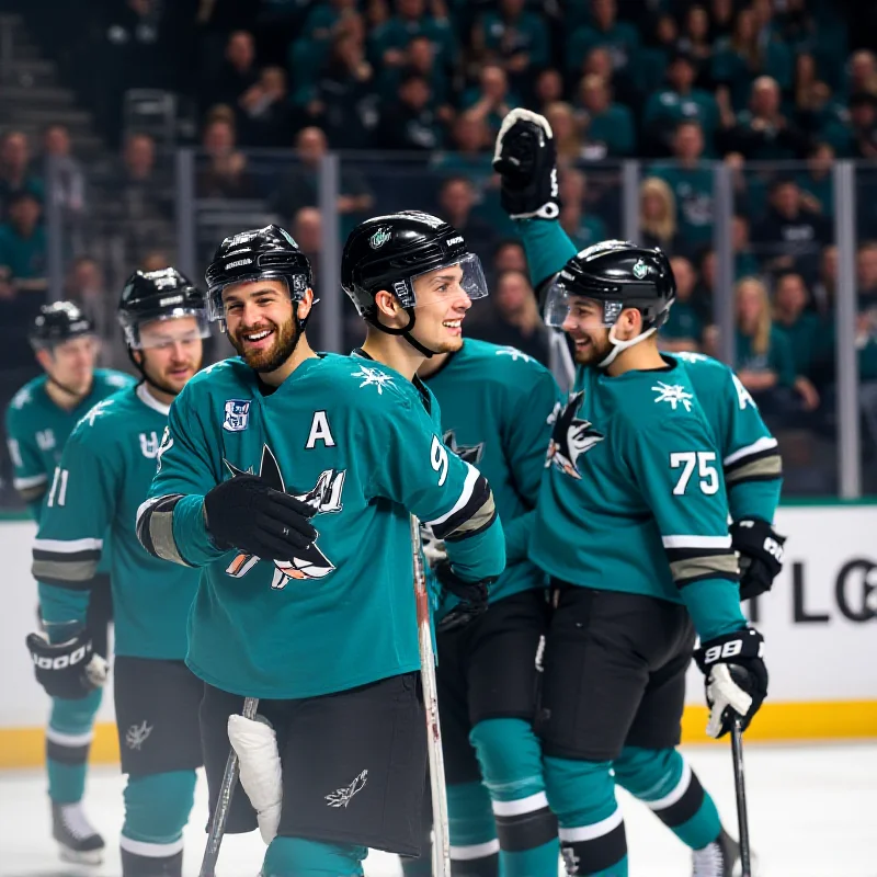 A young hockey player celebrating a goal with teammates, smiling and high-fiving