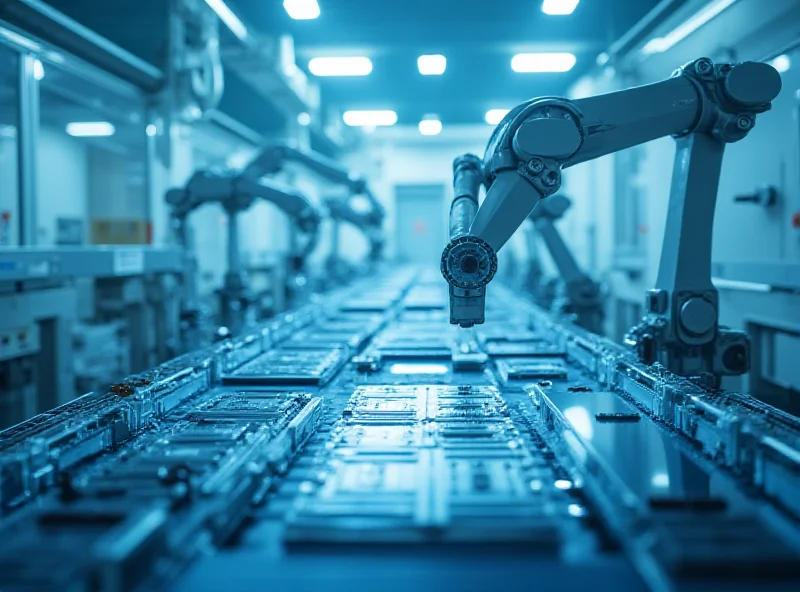 A modern semiconductor factory interior with robotic arms working on silicon wafers.