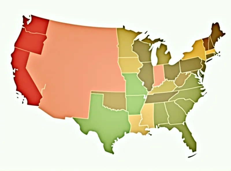 A stylized map of the USA highlighting states in different colors to indicate their level of sinfulness, with California, Nevada, and Florida appearing in darker shades of red and Idaho, New Hampshire, and Vermont in lighter shades of green.