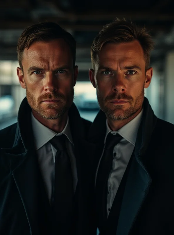 A split image showing Andrew Tate and Tristan Tate, both looking serious and facing the camera. The background is blurred and indistinct.
