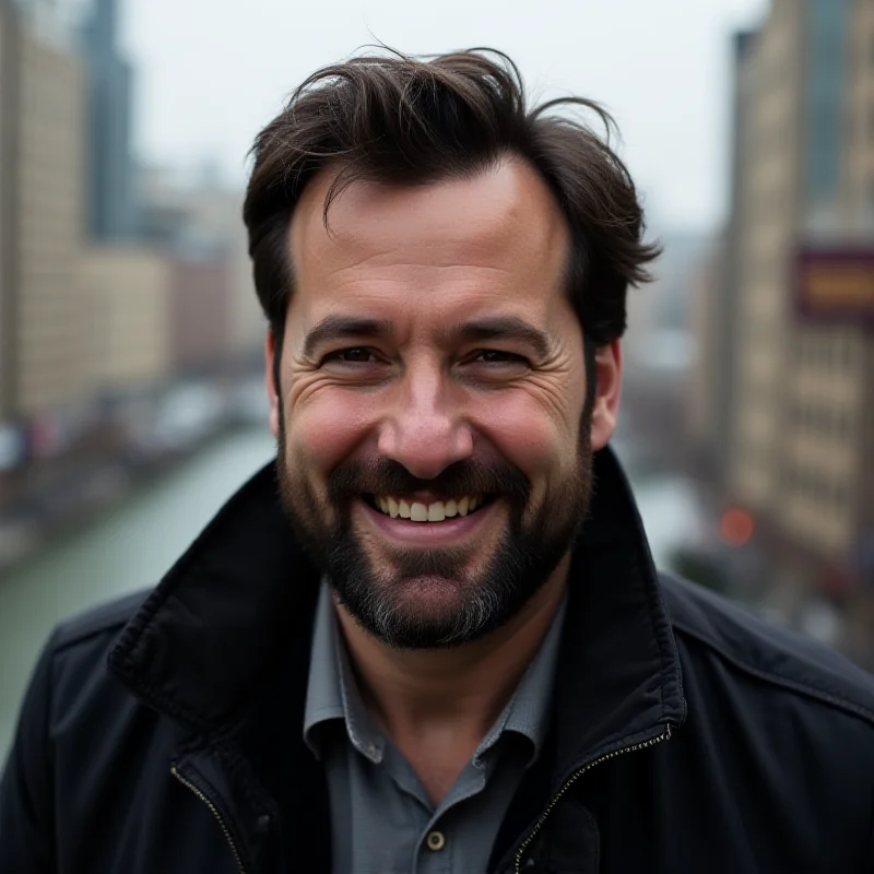 A portrait of Yuval David, a man with short dark hair and a beard, smiling slightly and looking directly at the camera. He is wearing a dark jacket and a light-colored shirt. The background is a blurred cityscape.