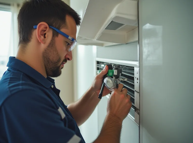 Aircon technician servicing an air conditioning unit.