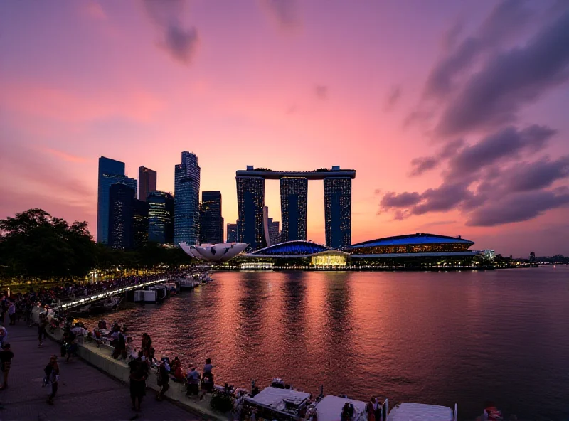 A modern cityscape of Singapore at dusk, with skyscrapers and a bustling waterfront.