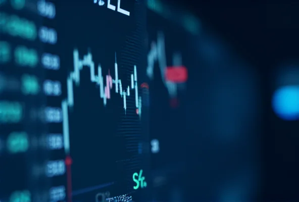 Close-up of a computer screen displaying stock market charts and data.