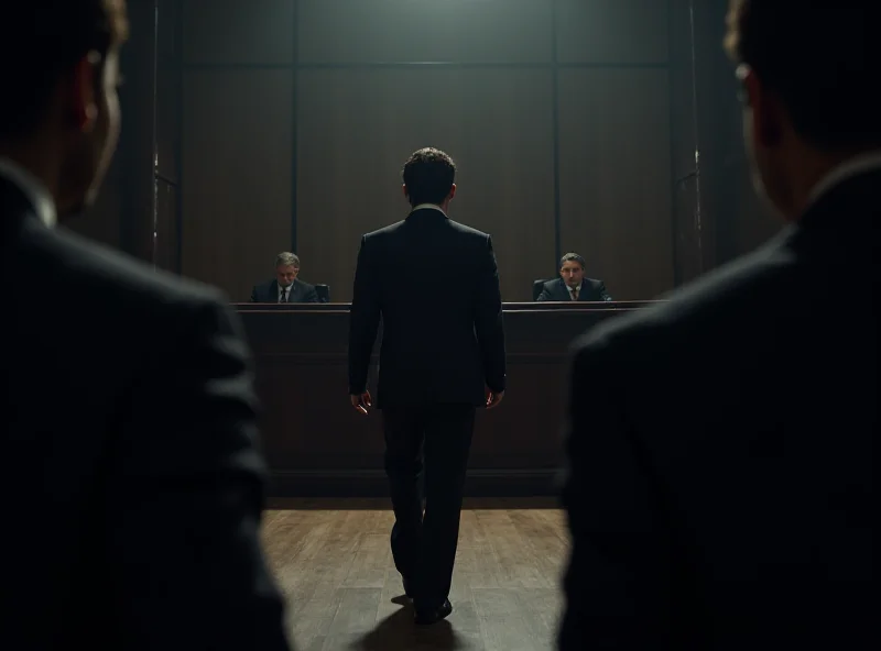 A courtroom scene with focus on the defendants and lawyers, suggesting a trial involving technology fraud.