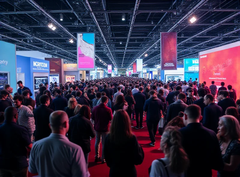 A vibrant and bustling scene from a tech trade show in Singapore, with crowds of people interacting with various tech products and displays.