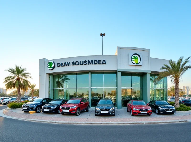 A Škoda showroom in Muscat, Oman, with various Škoda models on display.