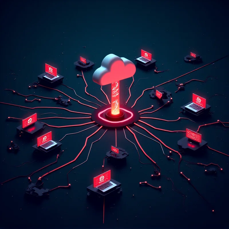 Stylized image of a network of computers and cloud services being targeted by a cyber attack.