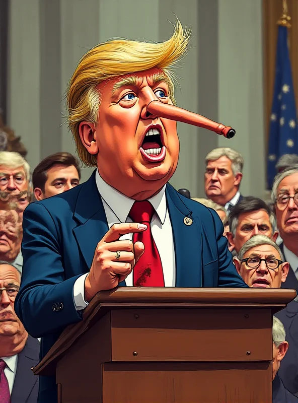 Cartoon illustration of a Pinocchio Trump with a long nose, speaking at Congress