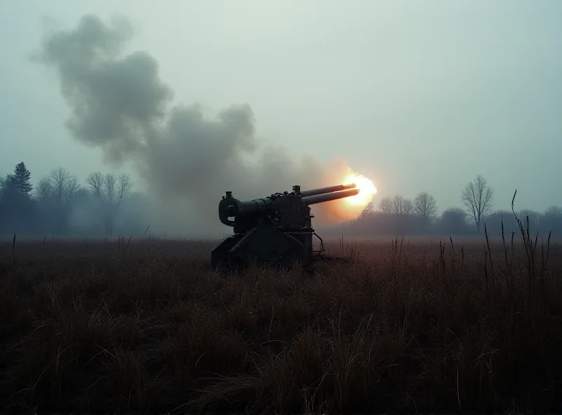 A Zuzana 2 howitzer in a field with smoke billowing from the barrel. Firefighters are approaching the scene.